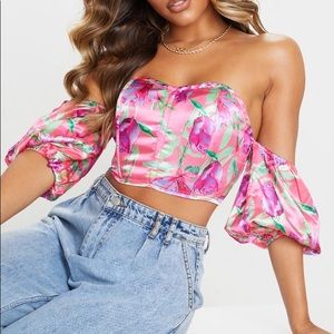 Pink Abstract Floral Satin Puff Sleeve Bardot Crop Top